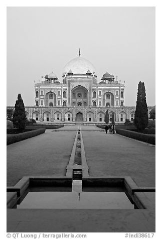 Humayun's tomb and watercourses at dusk. New Delhi, India (black and white)