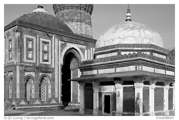Tomb of Imam Zamin, Alai Darweza gate, and base of  Qutb Minar. New Delhi, India (black and white)