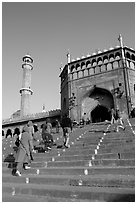 Stairs leading to Jama Masjid South Gate, and minaret. New Delhi, India (black and white)