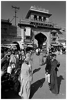 Women in front of Sardar Market gate. Jodhpur, Rajasthan, India (black and white)