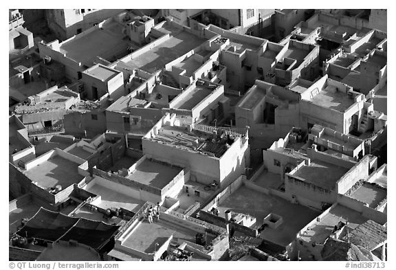 Cubist geometry of rooftops seen from above. Jodhpur, Rajasthan, India (black and white)