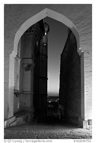 Gate and walls at dusk, Mehrangarh Fort. Jodhpur, Rajasthan, India (black and white)
