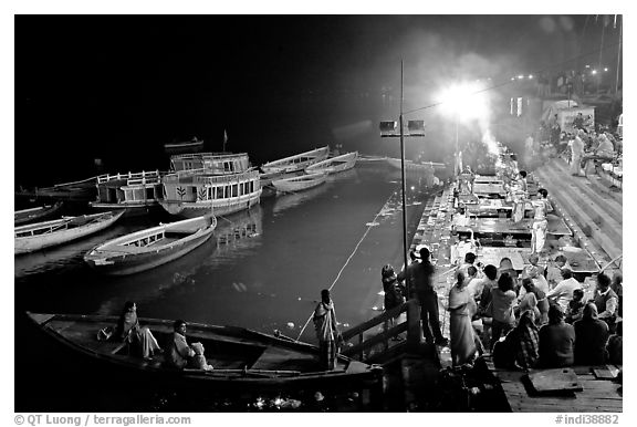 Evening aarti on the banks of the Ganges River. Varanasi, Uttar Pradesh, India (black and white)