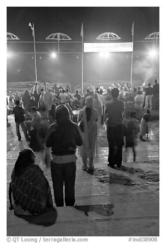 Worshipers during evening arti ceremony at Ganga Seva Nidhi. Varanasi, Uttar Pradesh, India (black and white)