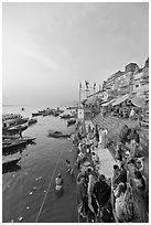 People worshipping Ganges River, early morning. Varanasi, Uttar Pradesh, India ( black and white)