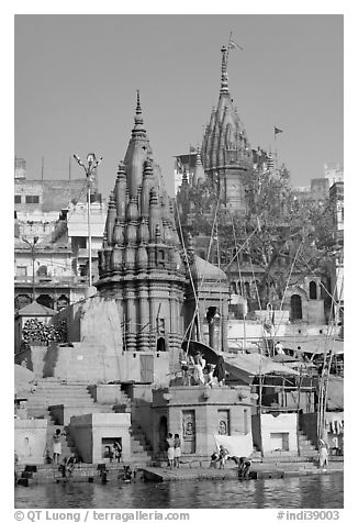 Hindu temples on the riverbank of the Ganga River. Varanasi, Uttar Pradesh, India (black and white)