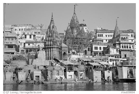 Temples on riverbank of the Ganges, Manikarnika Ghat. Varanasi, Uttar Pradesh, India (black and white)