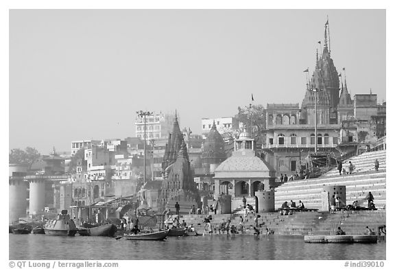 Temples and steps on Ganga riverbank. Varanasi, Uttar Pradesh, India (black and white)