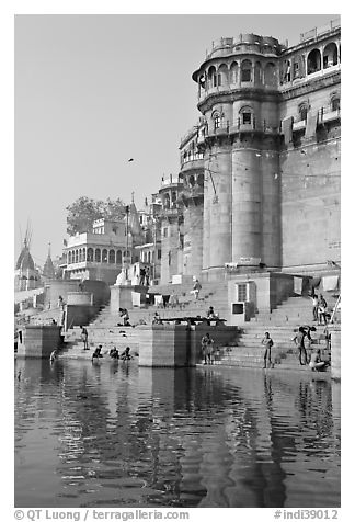 Castle-like towers and steps, Ganga Mahal Ghat. Varanasi, Uttar Pradesh, India (black and white)