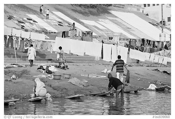 Washing and drying laundry on Ganga riverbank. Varanasi, Uttar Pradesh, India (black and white)