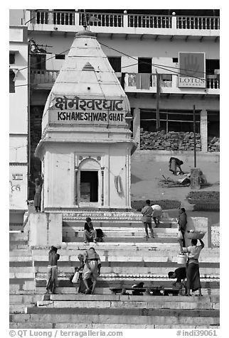Shrine and steps, Kshameshwar Ghat. Varanasi, Uttar Pradesh, India (black and white)