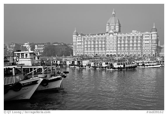 Tour boats and Taj Mahal Palace, morning. Mumbai, Maharashtra, India (black and white)