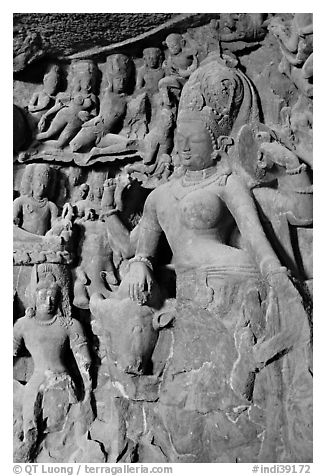 Ardhanarishwar rock-carved sculpture, main Elephanta cave. Mumbai, Maharashtra, India (black and white)