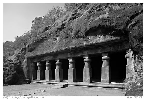 Outside of rock-cut cave, Elephanta Island. Mumbai, Maharashtra, India (black and white)