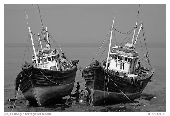 Boats at low tide. Mumbai, Maharashtra, India (black and white)