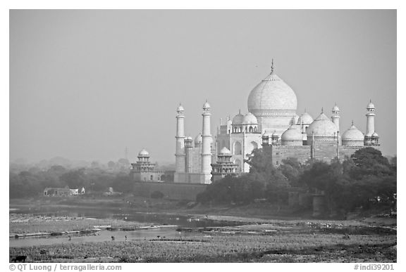 Taj Mahal seen from the Agra Fort. Agra, Uttar Pradesh, India (black and white)
