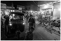 Rickshaw and street by night, Taj Ganj. Agra, Uttar Pradesh, India ( black and white)