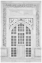 Door in pishtaq decorated with caliligraphy. Agra, Uttar Pradesh, India ( black and white)