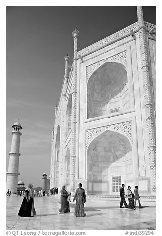 View from platform showing two large stacked pishtaqs, Taj Mahal. Agra, Uttar Pradesh, India (black and white)