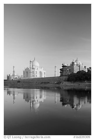Taj Mahal complex reflected in Yamuna River. Agra, Uttar Pradesh, India (black and white)