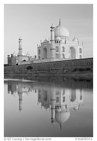 Taj Mahal and Jawab reflected in Yamuna River. Agra, Uttar Pradesh, India (black and white)