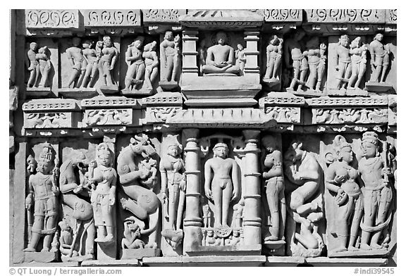 Sculptures, Parsvanatha temple, Eastern Group. Khajuraho, Madhya Pradesh, India (black and white)