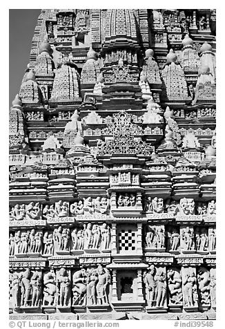 Temple detail, Parsvanatha temple, Eastern Group. Khajuraho, Madhya Pradesh, India (black and white)