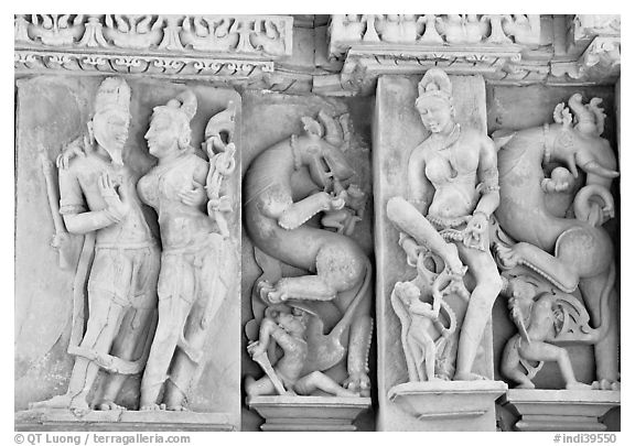 Scultpural details, Parsvanatha temple, Eastern Group. Khajuraho, Madhya Pradesh, India (black and white)