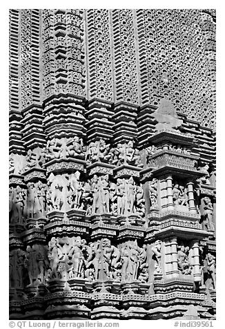 Temple carving detail, Adinath, Eastern Group. Khajuraho, Madhya Pradesh, India (black and white)