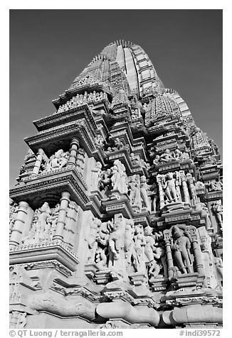 Bands of sculptures and sikhara, Javari Temple, Eastern Group. Khajuraho, Madhya Pradesh, India (black and white)