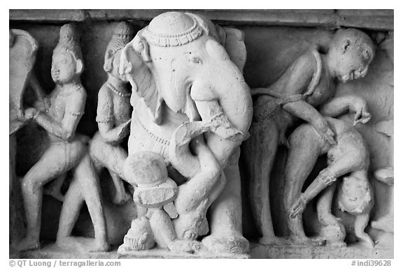 Elephant and Mithuna figures, Lakshmana temple. Khajuraho, Madhya Pradesh, India (black and white)