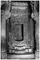 Columns and inner sanctum (garbhagriha) of Lakshmana temple. Khajuraho, Madhya Pradesh, India (black and white)