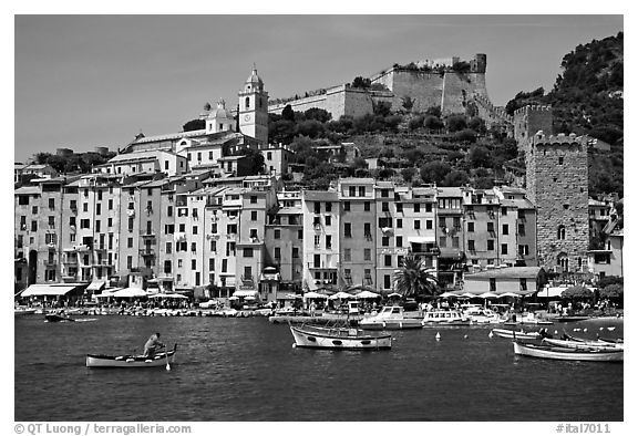 Castle, village, and harbor, Porto Venere. Liguria, Italy (black and white)