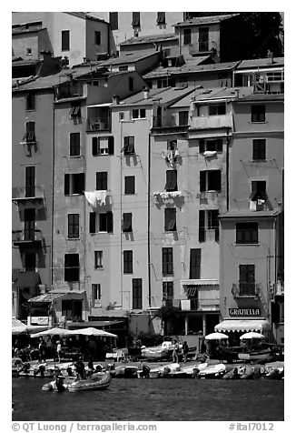 Pastel-colored houses and harbor, Porto Venere. Liguria, Italy (black and white)