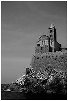 Chiesa di San Pietro (1277) in Genoese Gothic fashion with black and white bands of marble, Porto Venere. Liguria, Italy (black and white)