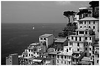 Houses built on the sides of steep hills overlook the Mediterranean, Riomaggiore. Cinque Terre, Liguria, Italy ( black and white)