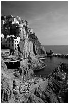 Sunbathers in Manarola. Cinque Terre, Liguria, Italy (black and white)