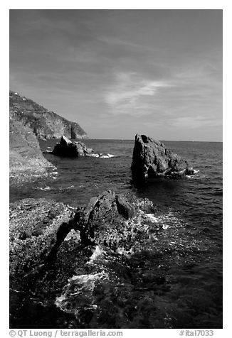 Mediterranean coastline and rocks near Manarola. Cinque Terre, Liguria, Italy (black and white)