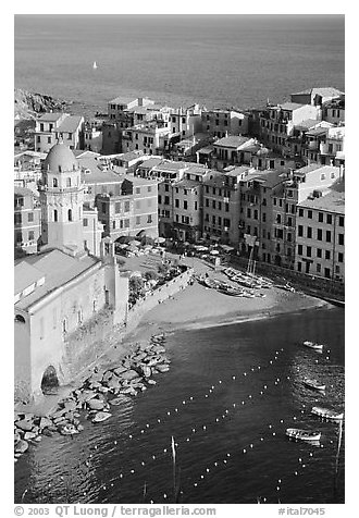 Church, harbor, and beach seen from above, Vernazza. Cinque Terre, Liguria, Italy (black and white)