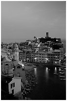 Port and Castello Doria, dusk, Vernazza. Cinque Terre, Liguria, Italy ( black and white)