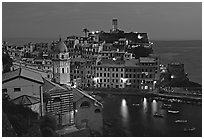 Harbor and Castello Doria, dusk, Vernazza. Cinque Terre, Liguria, Italy ( black and white)