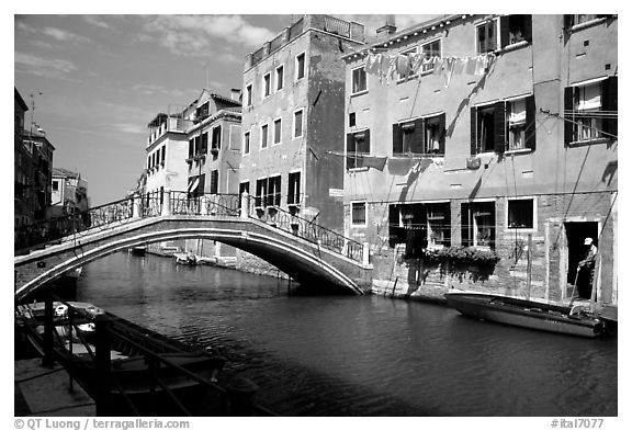 Bridge spanning a canal, Castello. Venice, Veneto, Italy (black and white)