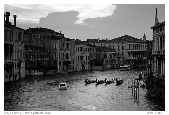 Gondolas, Grand Canal, from the Academy Bridge,  sunset. Venice, Veneto, Italy (black and white)