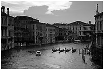 Gondolas, Grand Canal, from the Academy Bridge,  sunset. Venice, Veneto, Italy (black and white)