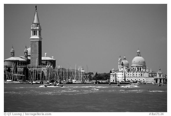 Campanile and Santa Maria della Salute across the Canale della Guidecca, mid-day. Venice, Veneto, Italy (black and white)