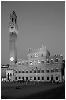 Piazza Del Campo and Palazzo Pubblico at dusk. Siena, Tuscany, Italy ( black and white)