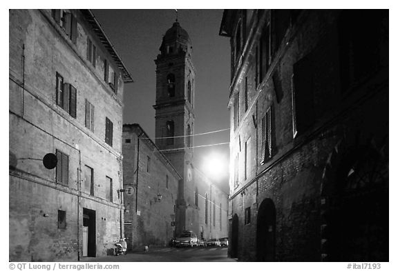 Street and church at dawn. Siena, Tuscany, Italy (black and white)