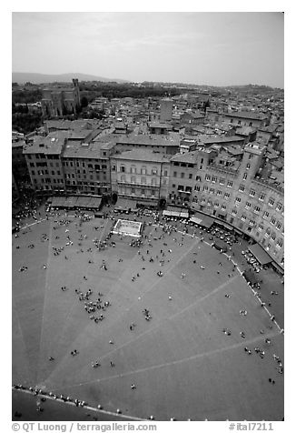 Piazza Del Campo seen from Torre del Mangia. Siena, Tuscany, Italy (black and white)