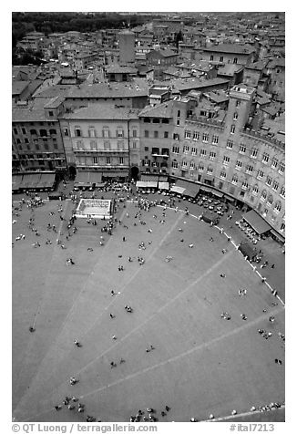 Section of medieval Piazza Del Campo seen from Torre del Mangia. Siena, Tuscany, Italy (black and white)