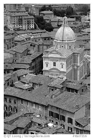 Chiesa di San Francesco seen seen from Torre del Mangia. Siena, Tuscany, Italy (black and white)